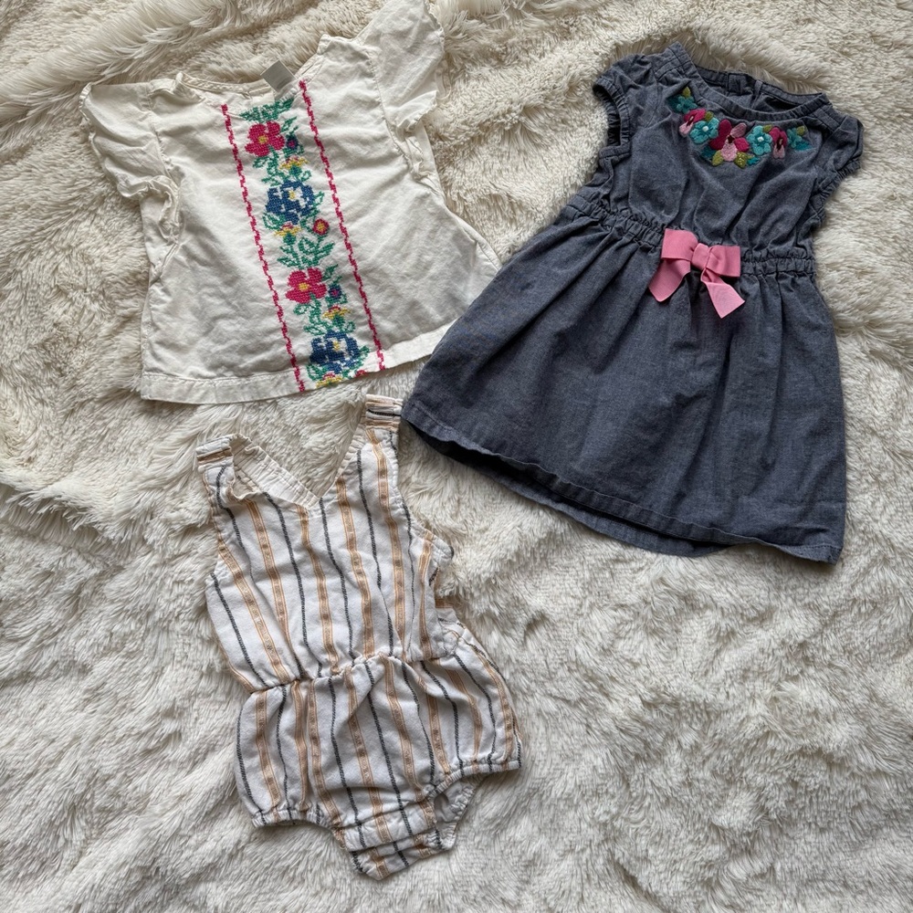Baby Girl 6-12 Month Dress, Shirt, Romper Bundle